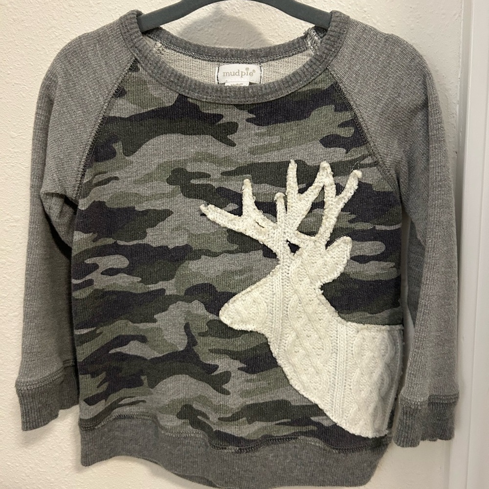 Mud Pie Gray Camo Sweater with White Design